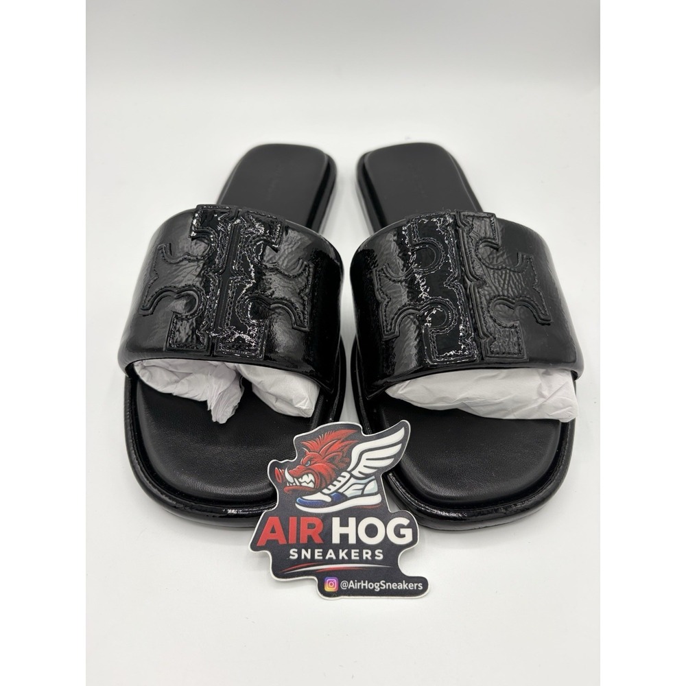 Tory Burch Double T Sport Slide Patent Leather Black Size 7.5